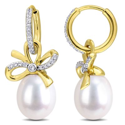 Belk & Co Lab Created 9-10mm Freshwater Cultured Pearl & White Sapphire Bow Drop Earrings in Yellow Plated Sterling Silver