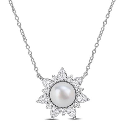Belk & Co Lab Created 8-8.5mm Freshwater Cultured Pearl & White Sapphire Floral Necklace in Sterling Silver - 17 in