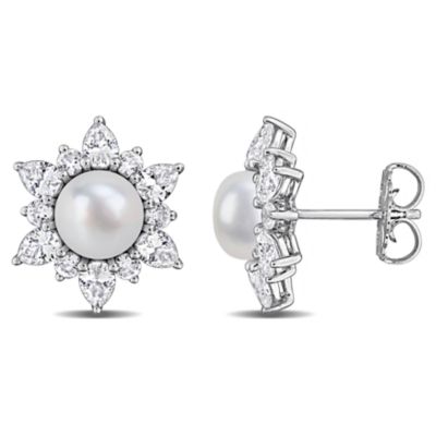 Belk & Co Lab Created 7-7.5mm Freshwater Cultured Pearl & White Sapphire Floral Earrings in Sterling Silver
