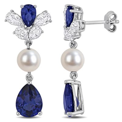 Belk & Co Lab Created Blue & White Sapphire & 6-6.5mm Freshwater Cultured Pearl Earrings in Sterling Silver