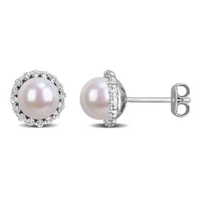 Belk & Co Lab Created White Sapphire & 7-7.5mm Freshwater Cultured Pearl Earrings in Sterling Silver