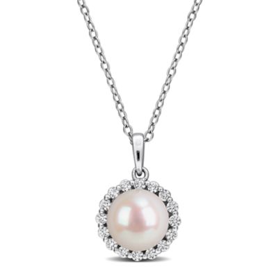 Belk & Co Lab Created White Sapphire & 8-8.5mm Freshwater Cultured Pearl Pendant With Chain in Sterling Silver,18"