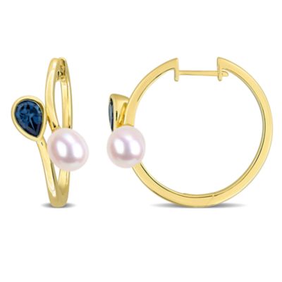 Belk & Co London Blue Topaz & 7-7.5mm Freshwater Cultured Pearl Hoop Earrings in Yellow Plated Sterling Silver