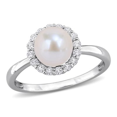 Belk & Co Lab Created 7-7.5mm Freshwater Cultured Pearl & White Sapphire Ring in Sterling Silver