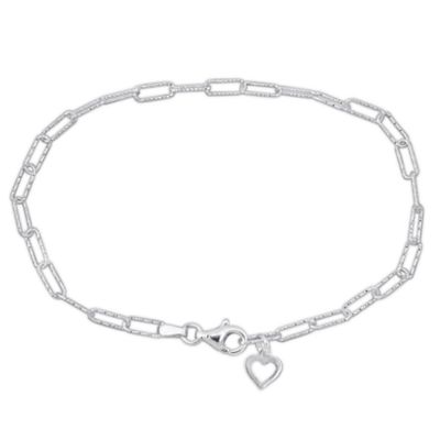 Haylee Jewels 3mm Fancy Cut Oval Link Bracelet & Heart Charm in Sterling Silver 7.5 inch, White