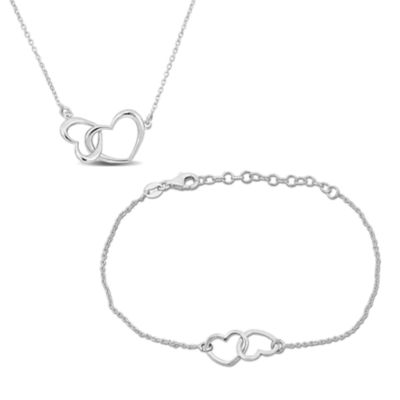 Haylee Jewels Double Heart Charm Necklace And Bracelet Set in Sterling Silver - 16.5+1In & 7+1 inch, White