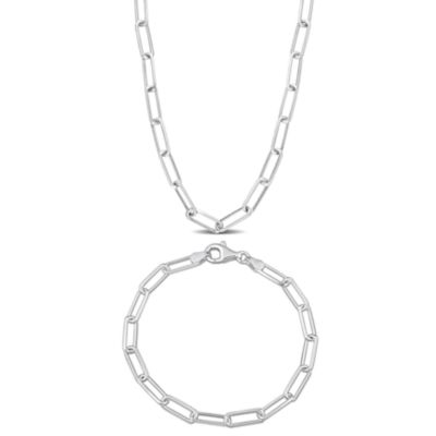 Belk & Co 5mm Diamond Cut Paperclip Chain Necklace And Bracelet Set in Sterling Silver- 16 in & 7.5 in, White
