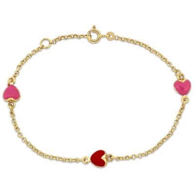 Belk & Co Kid's Pink & Red Enamel Heart Charm Bracelet in 14K Yellow Gold- 6.5 + 0.5" Ext