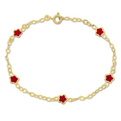 Belk & Co Kid's Pink Enamel Flower Charm Station Bracelet in 14K Yellow Gold - 7 in