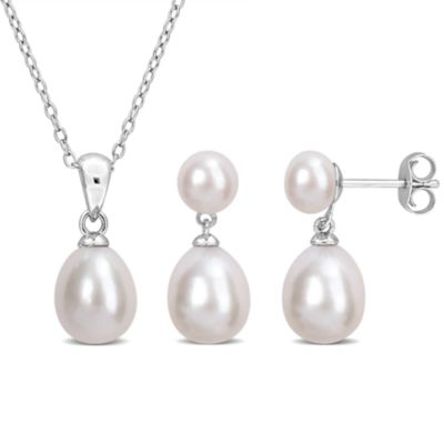 Belk & Co 2-Piece Set 8-8.5mm & 5.5-6mm Freshwater Cultured Pearl Earrings & Pendant in Sterling Silver