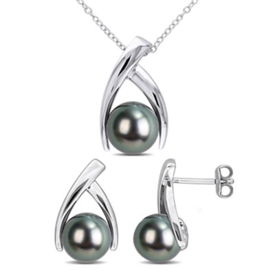 Belk & Co 8-8.5mm & 9-10mm Tahitian Cultured Pearl Pendant with Chain & Earrings Set in Sterling Silver - 18 in, White