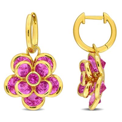 Belk & Co Lab Created Pink Sapphire Hoop Earrings in Yellow Plated Sterling Silver