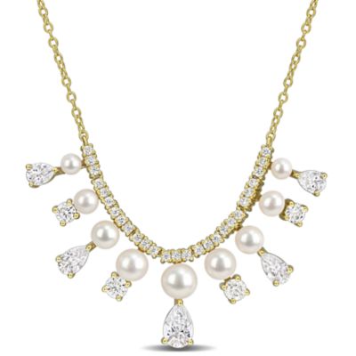 Belk & Co Lab Created 2.5-5mm Freshwater Cultured Pearl & White Moissanite Necklace in Yellow Plated Sterling Silver - 17 in