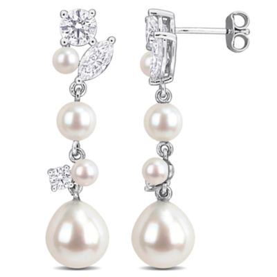 Belk & Co Lab Created 3.5-9mm Freshwater Cultured Pearl & White Moissanite Earrings in Sterling Silver