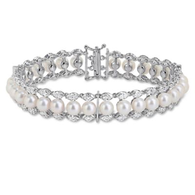 Belk & Co Lab Created 5.5-6mm Freshwater Cultured Pearl & White Moissanite Bracelet in Sterling Silver - 7.5 in