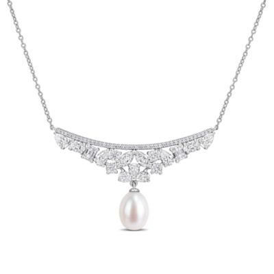 Belk & Co Lab Created 8-8.5mm Freshwater Cultured Pearl & White Moissanite Necklace in Sterling Silver - 17 in