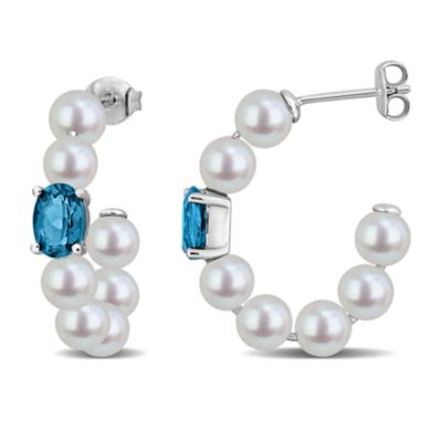 Belk & Co 5-5.5mm Freshwater Cultured Pearl & London Blue Topaz Earrings in Sterling Silver