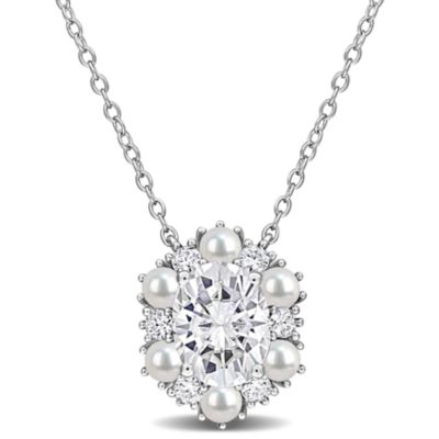 Belk & Co Lab Created 3-3.5mm Freshwater Cultured Pearl & White Moissanite Necklace in Sterling Silver - 17 in