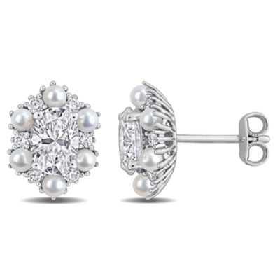 Belk & Co Lab Created 2-2.5mm Freshwater Cultured Pearl & White Moissanite Earrings in Sterling Silver