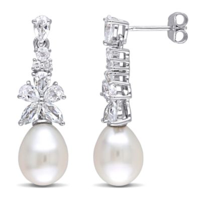 Belk & Co 8.5-9 mm Freshwater Cultured Pearl & White Topaz Bow Earrings in Sterling Silver