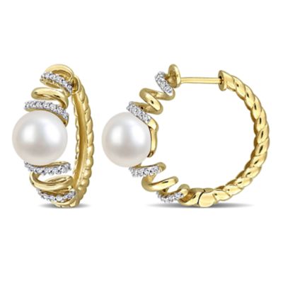Belk & Co 8-8.5 mm Freshwater Cultured Pearl & Diamond Earrings in 10k Yellow Gold