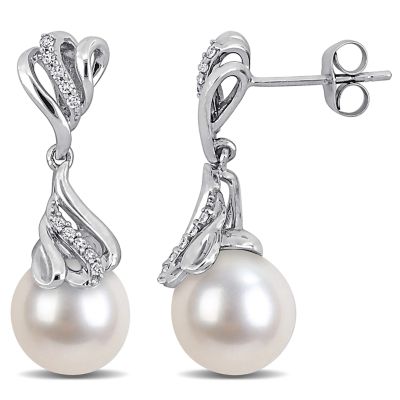 Belk & Co 9-9.5 mm Freshwater Cultured Pearl & Diamond Earrings in 14k White Gold