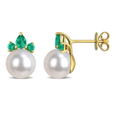 Belk & Co Lab Created 8-8.5 mm Freshwater Cultured Pearl & Emerald Earrings in 14k Yellow Gold