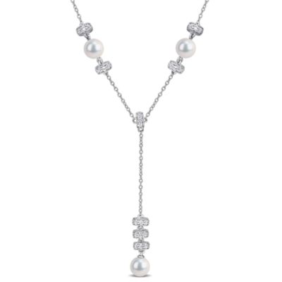 Belk & Co Lab Created 6.5-7 mm Freshwater Cultured Pearl & White Sapphire Lariat Necklace in Sterling Silver - 17 in