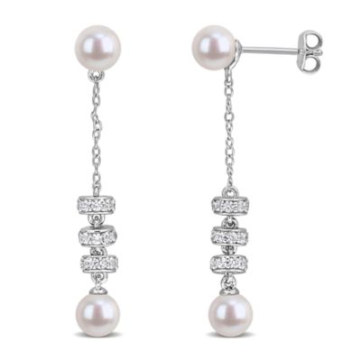 Belk & Co Lab Created 5.5-6 mm Freshwater Cultured Pearl & White Sapphire Earrings in Sterling Silver