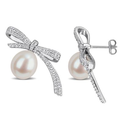 Belk & Co Lab Created 9.5-10 mm Freshwater Cultured Pearl & White Sapphire Earrings in Sterling Silver