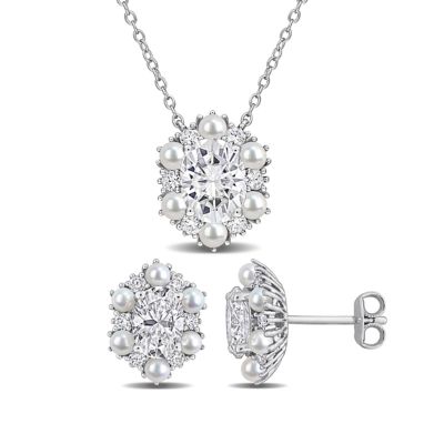 Belk & Co Lab Created 2-PC Set of 2-3.5 mm Freshwater Cultured Pearl & White Moissanite Floral Pendant & Earrings in Sterling Silver - 17 in