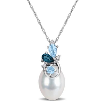 Belk & Co 9-10 mm Freshwater Cultured Pearl, London & Sky Blue Topaz & Diamond Accent Pearl Pendant with Chain in 10k White Gold
