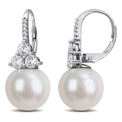 Belk & Co Lab Created 11-12 mm Freshwater Cultured Pearl, White Sapphire & Diamond Accent Earrings in 10k White Gold