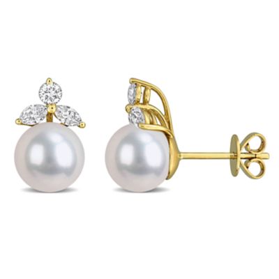 Belk & Co 8-8.5 mm Freshwater Cultured Pearl & Diamond Earrings in 14k Yellow Gold