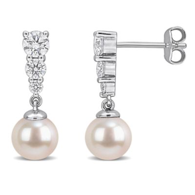 Belk & Co Lab Created 7-7.5mm Freshwater Cultured Pearl & 4/5 ct. t.w. Diamond Graduated Drop Earrings in Sterling Silver, White