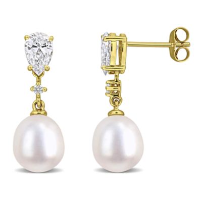 Belk & Co Lab Created 8-8.5mm Freshwater Cultured Pearl & 1 ct. t.w. Diamond Drop Earrings in 14k Yellow Gold