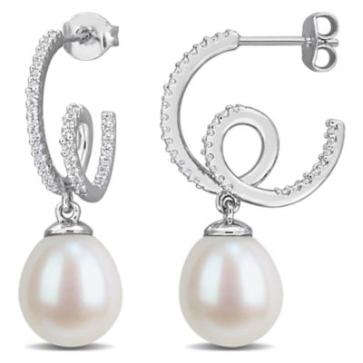 Belk & Co Lab Created White Sapphire & 9.5-10mm Freshwater Cultured Pearl Earrings in Sterling Silver