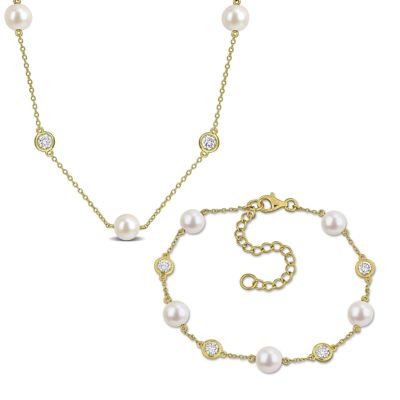Belk & Co Lab Created 2-PC Set of 7-7.5mm Freshwater Cultured Pearl & Diamond Necklace & Bracelet in Yellow Plated Sterling Silver