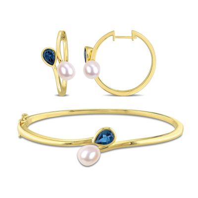 Belk & Co 2-PC Set of 7-7.5mm Freshwater Cultured Pearl & London Blue Topaz Earrings & Bangle in Yellow Plated Sterling Silver