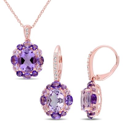 Belk & Co Amethyst, White Topaz, Amethyst-Africa, Amethyst-Brazil, Rose de France Floral Pendant with Chain & Earrings Set in Rose Plated Sterling