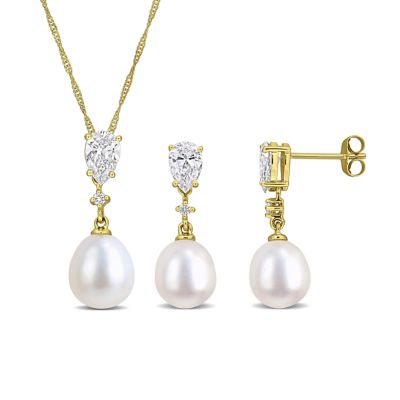 Belk & Co Lab Created 8-8.5 mm Freshwater Cultured Pearl & Diamond Drop Pendant With Chain & Earrings Set in 14k Yellow Gold - 17 in