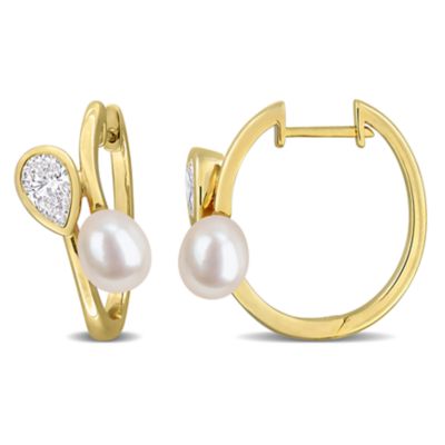 Belk & Co Lab Created Diamond & 6- 6.5mm Freshwater Cultured Pearl Hoop Earrings in Yellow Plated Sterling Silver