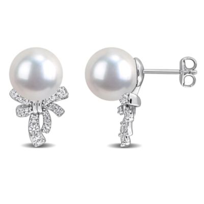 Belk & Co Lab Created White Sapphire & 9.5-10mm Freshwater Cultured Pearl Earrings in Sterling Silver