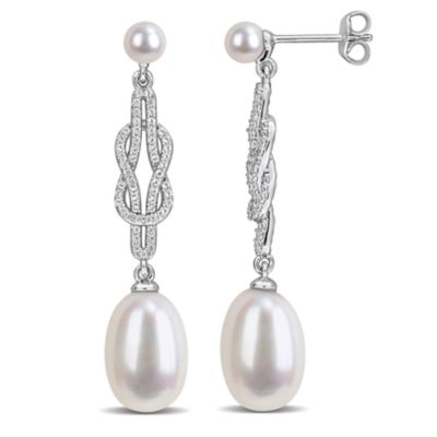 Belk & Co Lab Created White Sapphire & Freshwater Cultured Pearl Earrings in Sterling Silver