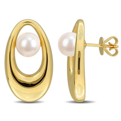 Belk & Co 7-7.5mm Freshwater Cultured Pearl Earrings in Yellow Plated Sterling Silver