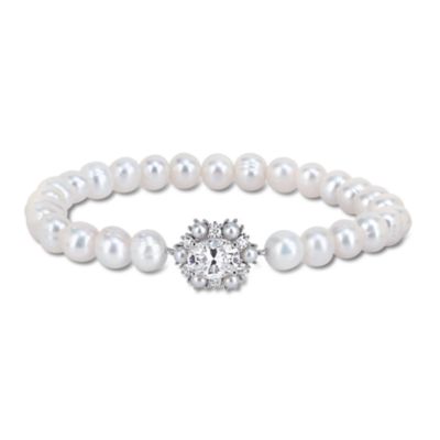 Belk & Co Lab Created White Moissanite & Freshwater Cultured Pearl Bracelet in Sterling Silver- 7.5 in