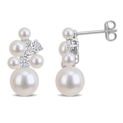 Belk & Co Lab Created White Moissanite & Freshwater Cultured Pearl Earrings in Sterling Silver