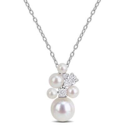 Belk & Co Lab Created White Moissanite & Freshwater Cultured Pearl Pendant with Chain in Sterling Silver- 18 in