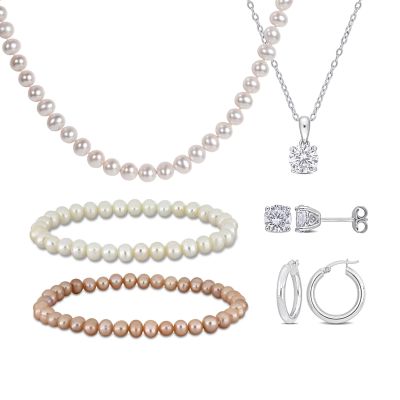Belk & Co Lab Created 5-PC Set White Sapphire & Freshwater Cultured Pearl Earrings, Pendant, Necklace & Bracelet in Sterling Silver
