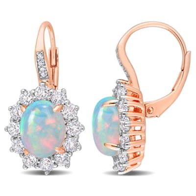 Belk & Co Blue Ethiopian Opal, White Topaz & Diamond Accent Halo Earrings in Rose Plated Sterling Silver, Pink